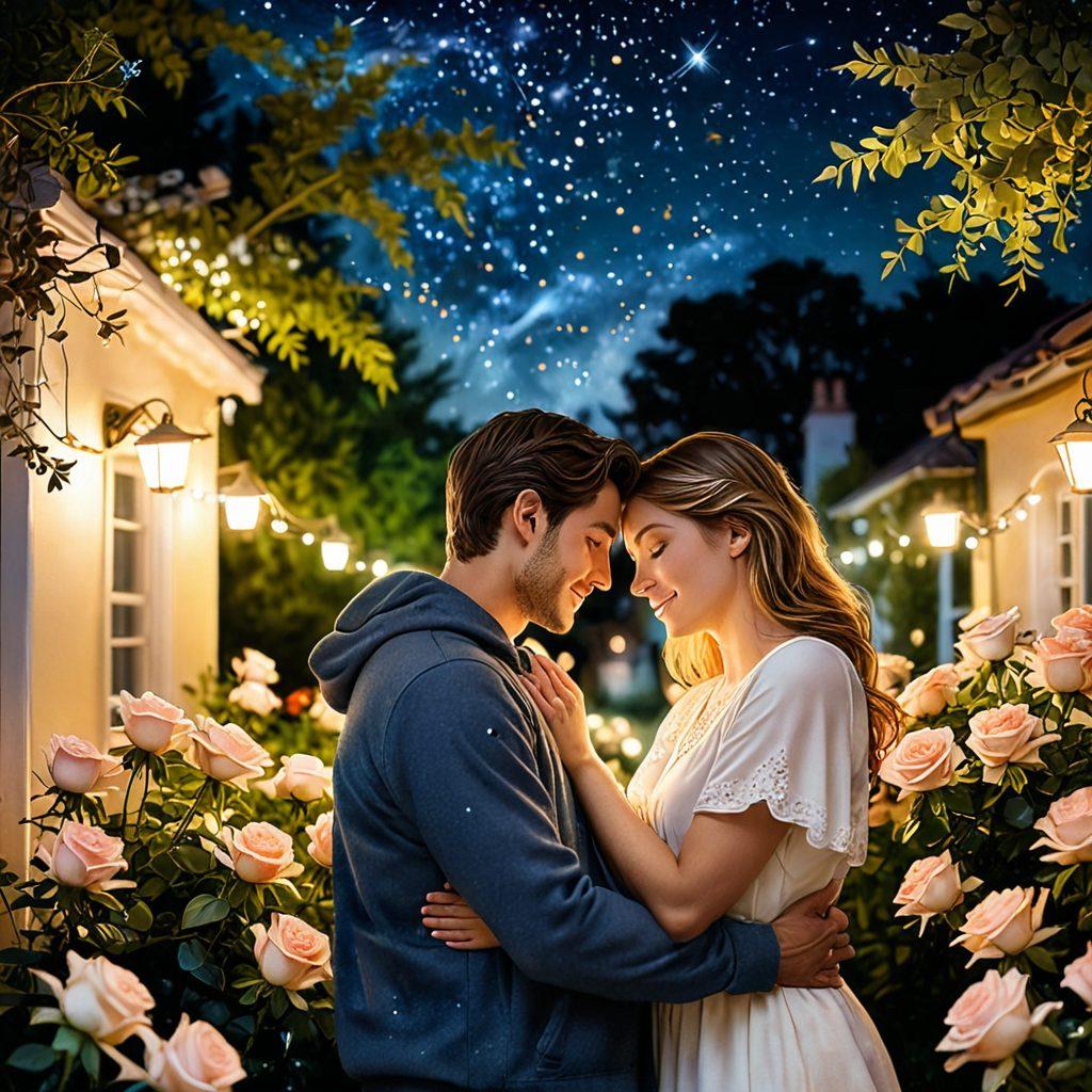 A cozy, warm scene depicting a couple sharing a gentle embrace beneath a starry night sky, surrounded by soft glowing lights and a scenic backdrop of a tranquil garden. There should be subtle details reflecting intimacy, such as intertwined hands, soft smiles, and tender gazes. Include elements of romance like roses and heart motifs in the foreground. This image should evoke feelings of love, compassion, and connection. super-realistic. warm colors. soft focus.