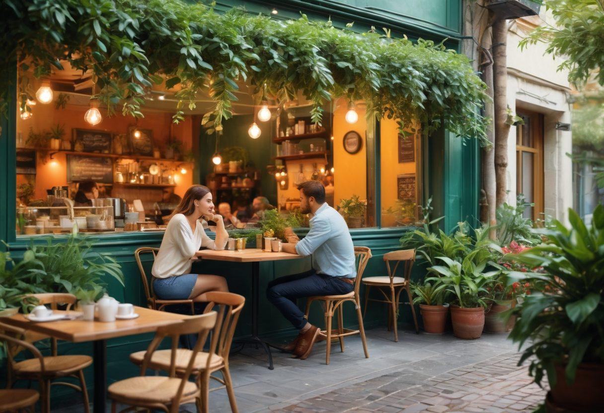 A serene setting featuring a couple engaged in a deep, meaningful conversation at a cozy café, surrounded by soft lighting and plants. The background highlights a diverse group of people also interacting positively, symbolizing connection and relationships. Include warm colors to evoke intimacy and understanding. super-realistic. vibrant colors. soft focus.