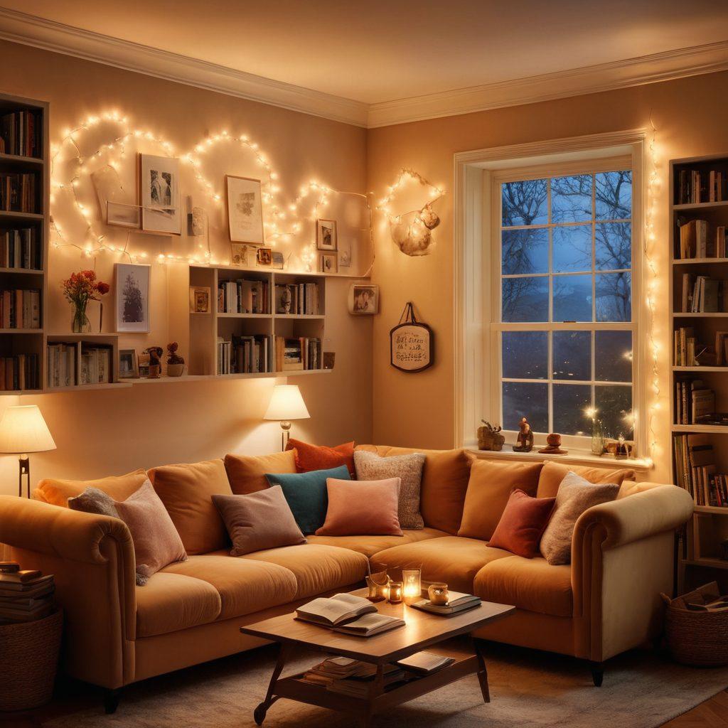 A warm, inviting scene of a couple sitting on a cozy couch, sharing a heartfelt conversation with smiles, surrounded by glowing fairy lights. Elements of love, like heart-shaped decorations and a coffee table with relationship books, subtly enhance the atmosphere. A soft, warm glow emanates from the lamps, reflecting a sense of intimacy and connection. The background features a bookshelf filled with relationship advice literature. super-realistic. warm colors. soft focus.
